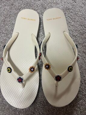 Tory Burch Cream Flip Flops with Multicolor Flower Studs